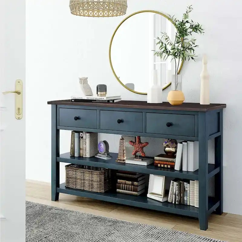 Mid-Century Solid Wood Console Table 3 Drawers 2 Shelves Entryway Storage
