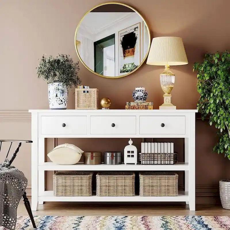 Mid-Century Solid Wood Console Table 3 Drawers 2 Shelves Entryway Storage