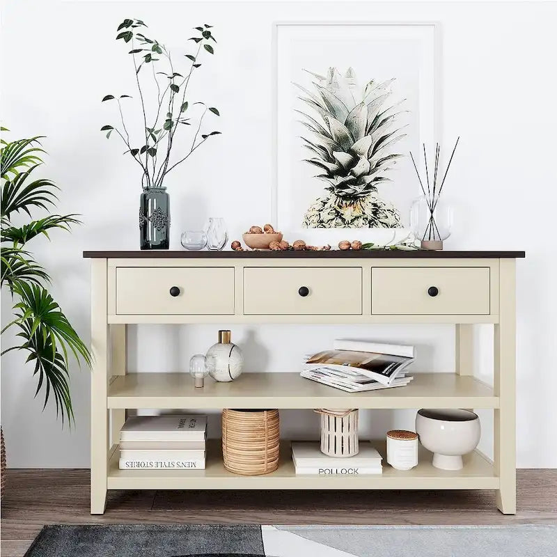 Mid-Century Solid Wood Console Table 3 Drawers 2 Shelves Entryway Storage