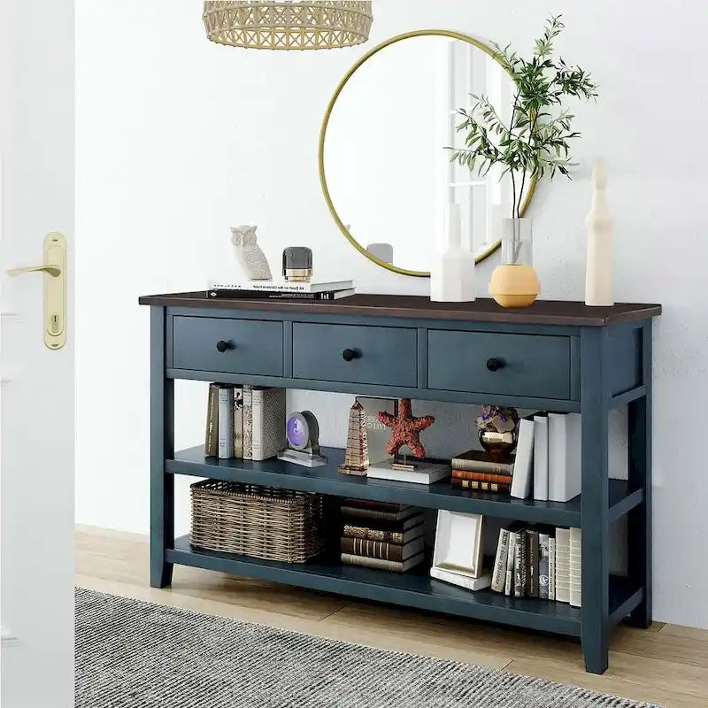 Mid-Century Solid Wood Console Table 3 Drawers 2 Shelves Entryway Storage