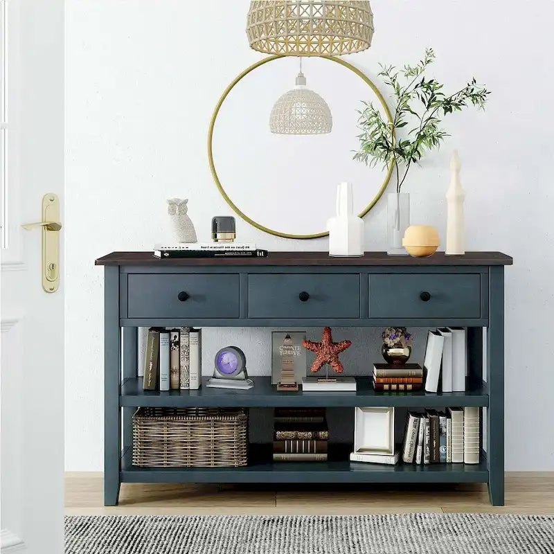 Mid-Century Solid Wood Console Table 3 Drawers 2 Shelves Entryway Storage