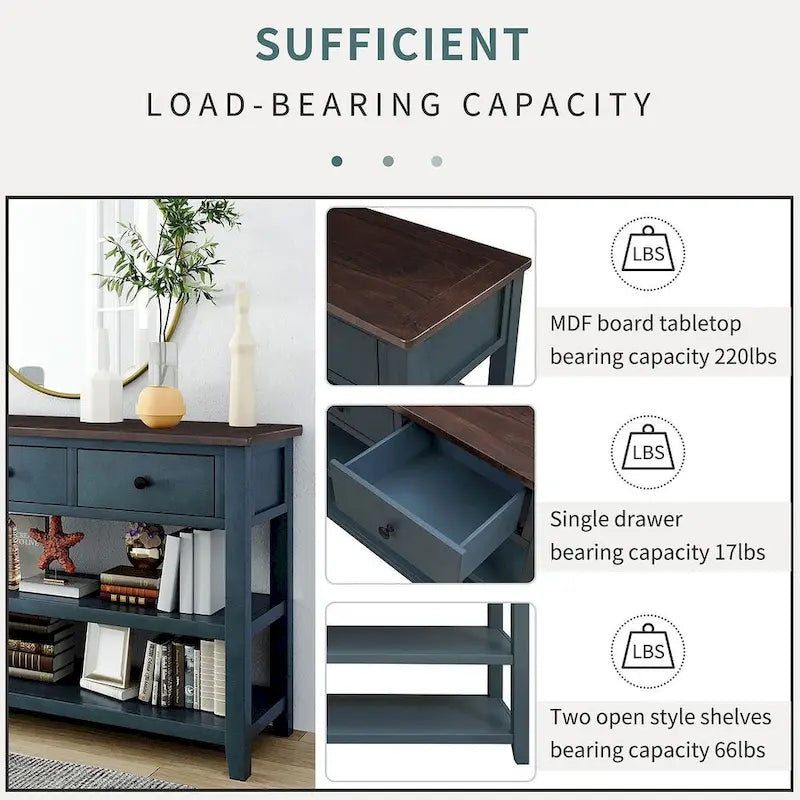 Mid-Century Solid Wood Console Table 3 Drawers 2 Shelves Entryway Storage