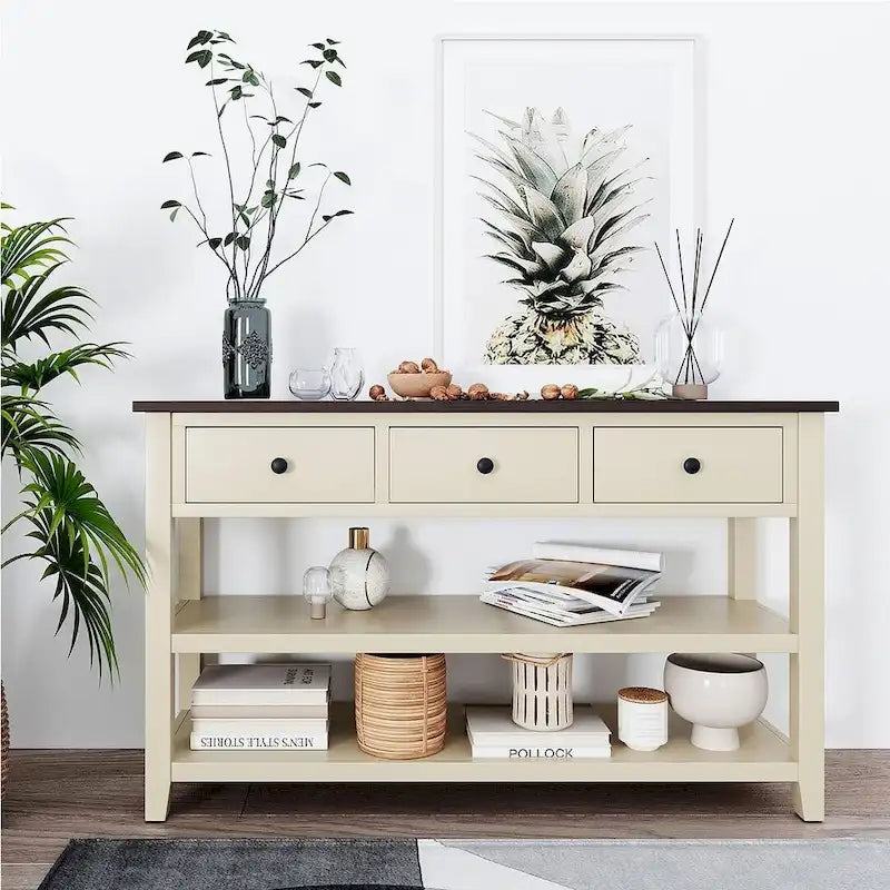 Mid-Century Solid Wood Console Table 3 Drawers 2 Shelves Entryway Storage