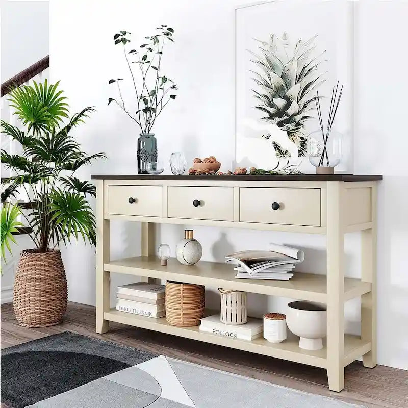 Mid-Century Solid Wood Console Table 3 Drawers 2 Shelves Entryway Storage