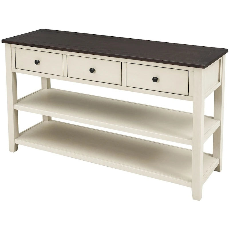 Mid-Century Solid Wood Console Table 3 Drawers 2 Shelves Entryway Storage