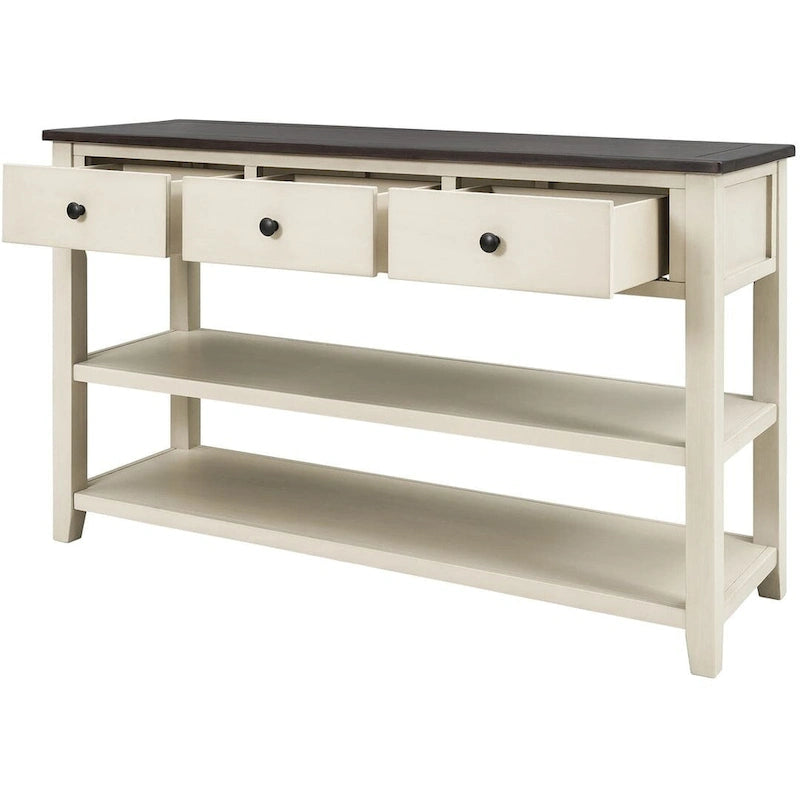 Mid-Century Solid Wood Console Table 3 Drawers 2 Shelves Entryway Storage