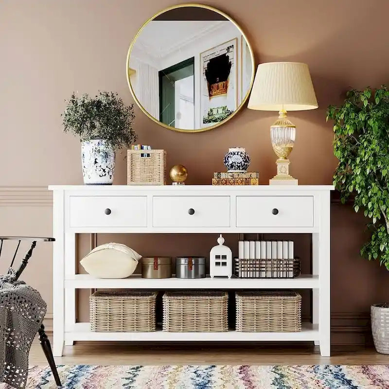 Mid-Century Solid Wood Console Table 3 Drawers 2 Shelves Entryway Storage