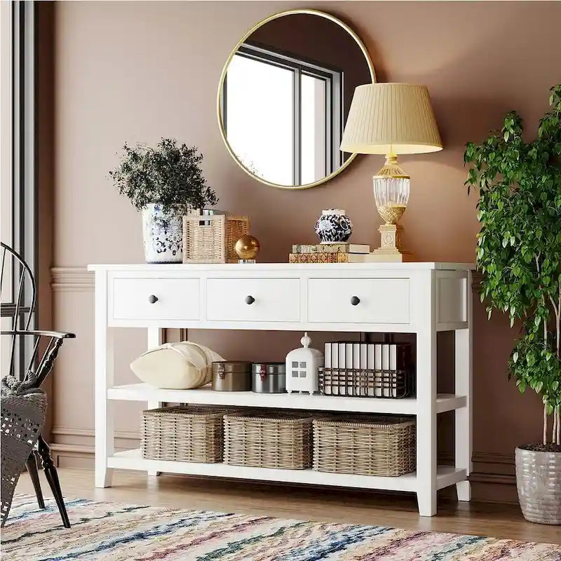 Mid-Century Solid Wood Console Table 3 Drawers 2 Shelves Entryway Storage