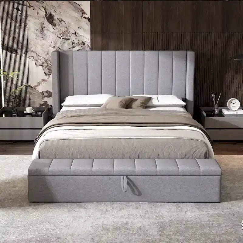 Queen Size Platform Bed with Vertical Channel Wingback Headboard - Upholstered Bed with Footboard Storage, Grey Linen Fabric Bed
