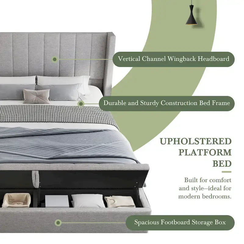 Queen Size Platform Bed with Vertical Channel Wingback Headboard - Upholstered Bed with Footboard Storage, Grey Linen Fabric Bed