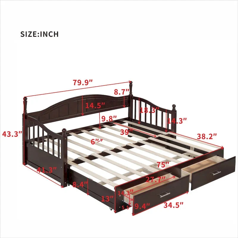 Twin Wooden Daybed with 2 Drawers & Trundle