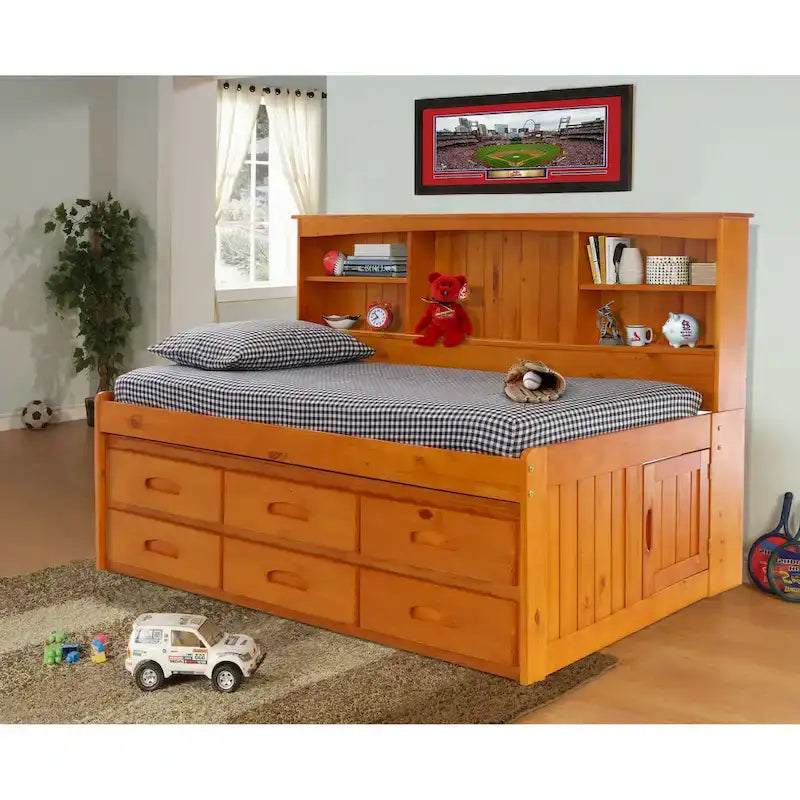 Home and Office Furniture Model, Solid Pine Twin Daybed with Six Drawers in Warm Honey