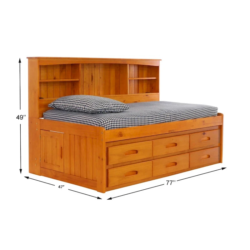 Home and Office Furniture Model, Solid Pine Twin Daybed with Six Drawers in Warm Honey