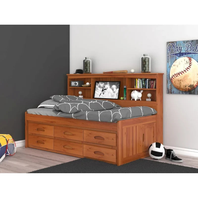 Home and Office Furniture Model, Solid Pine Twin Daybed with Six Drawers in Warm Honey