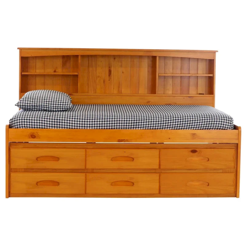 Home and Office Furniture Model, Solid Pine Twin Daybed with Six Drawers in Warm Honey