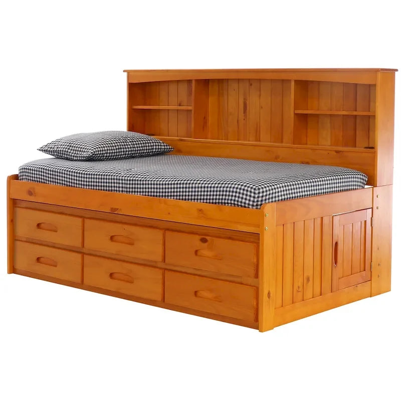 Home and Office Furniture Model, Solid Pine Twin Daybed with Six Drawers in Warm Honey