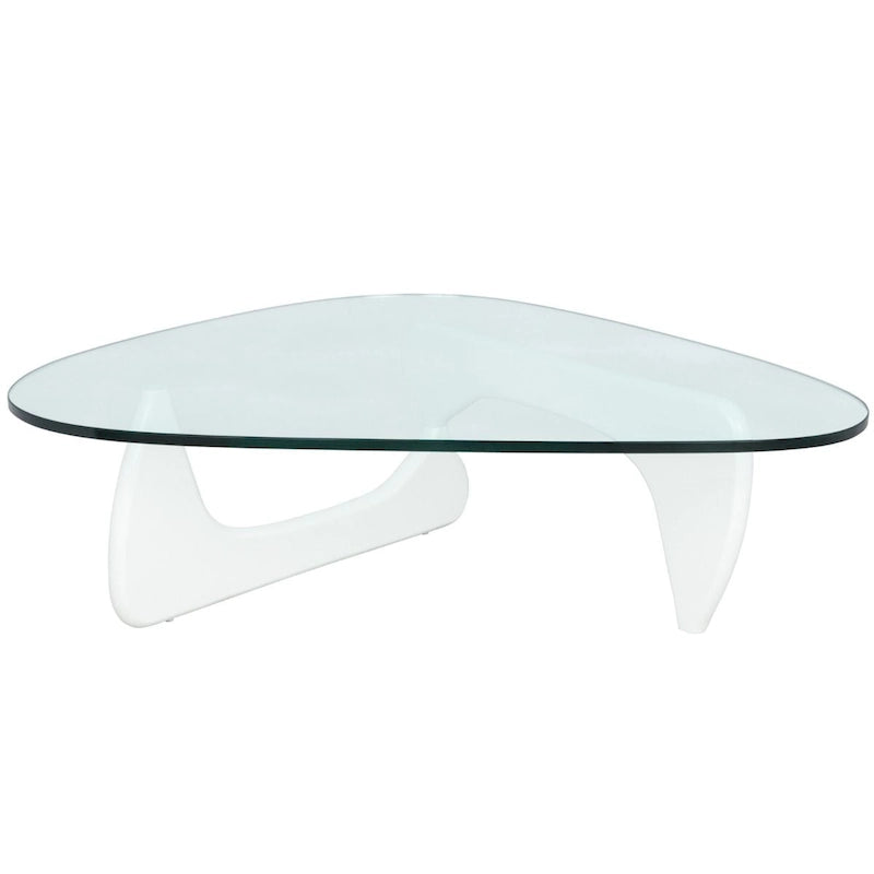 36 Triangular Mid Century Modern Accent Center Coffee Table with Glass Top and Wood Base for Living Room