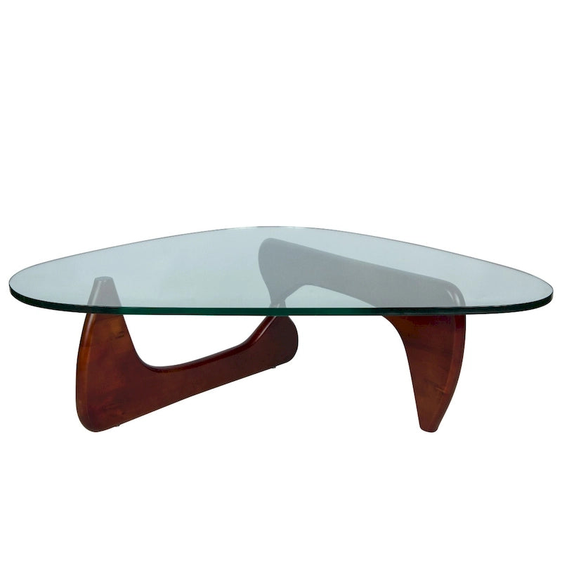 36 Triangular Mid Century Modern Accent Center Coffee Table with Glass Top and Wood Base for Living Room