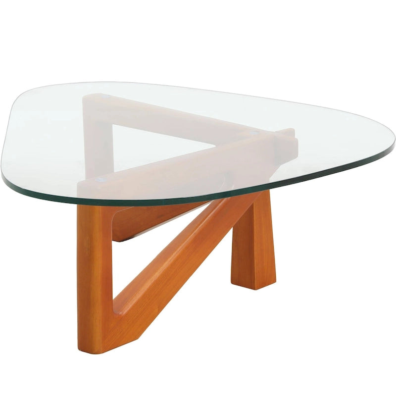 36 Triangular Mid Century Modern Accent Center Coffee Table with Glass Top and Wood Base for Living Room