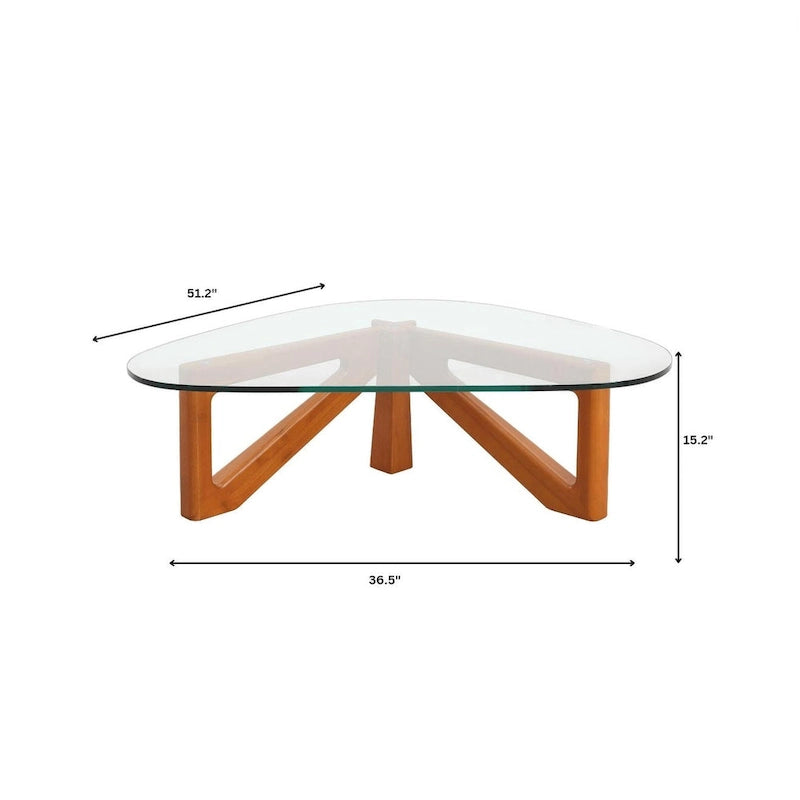 36 Triangular Mid Century Modern Accent Center Coffee Table with Glass Top and Wood Base for Living Room