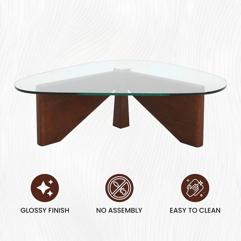 36 Triangular Mid Century Modern Accent Center Coffee Table with Glass Top and Wood Base for Living Room
