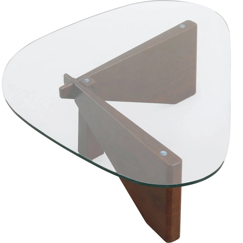 36 Triangular Mid Century Modern Accent Center Coffee Table with Glass Top and Wood Base for Living Room