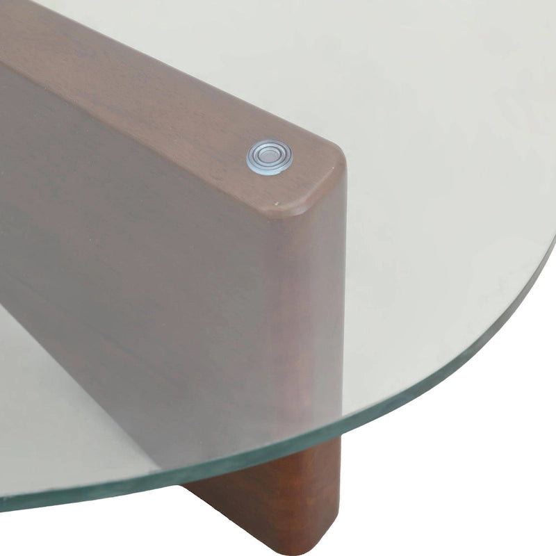 36 Triangular Mid Century Modern Accent Center Coffee Table with Glass Top and Wood Base for Living Room
