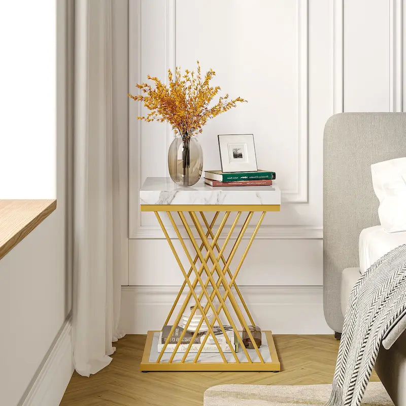 Square Side Table White Gold End Table Set of 2