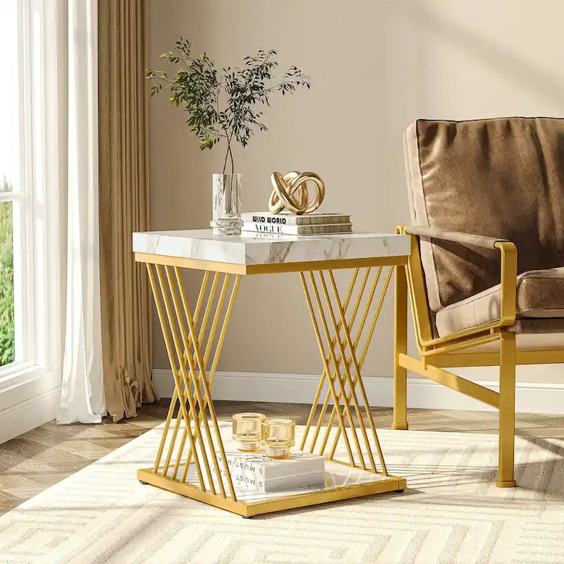 Square Side Table White Gold End Table Set of 2