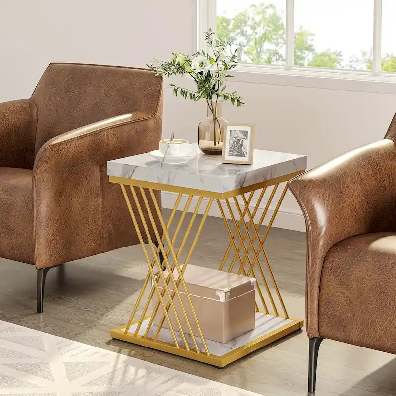Square Side Table White Gold End Table Set of 2
