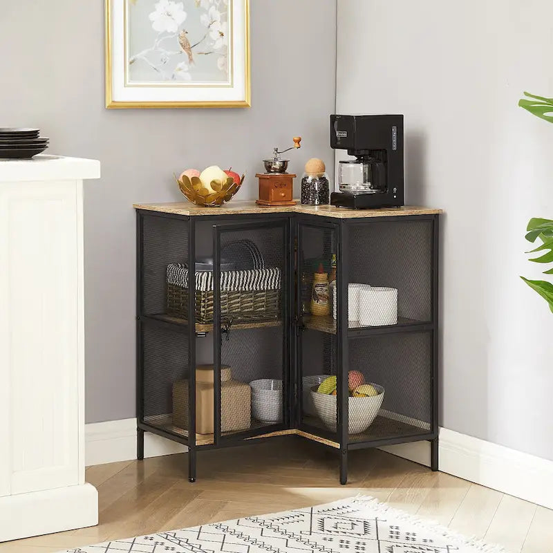 L-shaped Corner Cabinet with Doors and Storage Shelves, Free-Standing 3-tier End Table