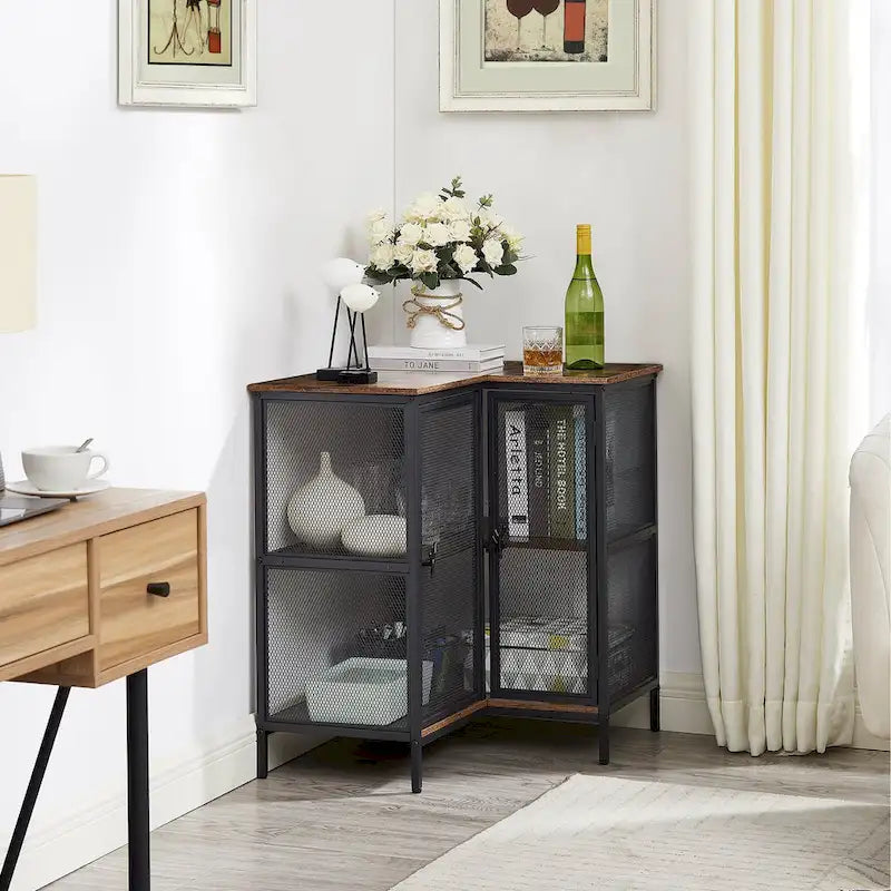 L-shaped Corner Cabinet with Doors and Storage Shelves, Free-Standing 3-tier End Table