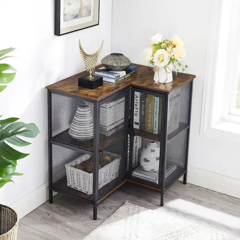 L-shaped Corner Cabinet with Doors and Storage Shelves, Free-Standing 3-tier End Table