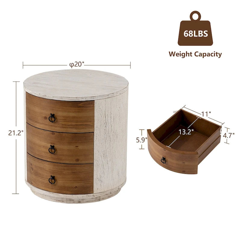 Modern Round Solid Wood Storage Chest, Nightstand with 3 Drawers