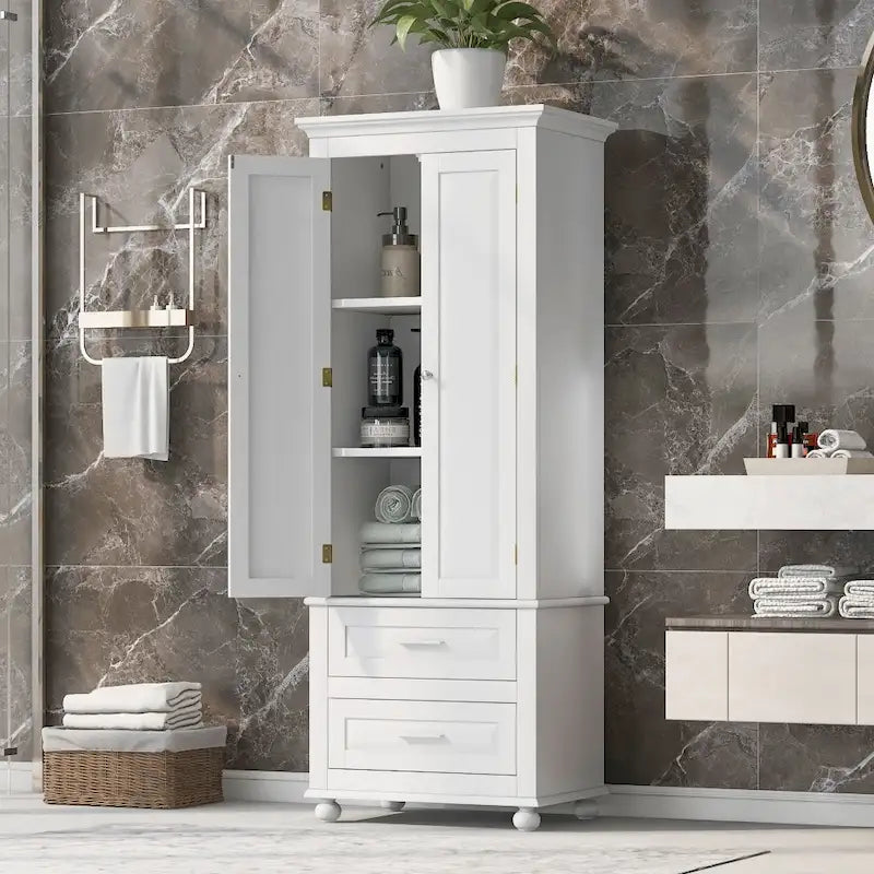 White Linen Cabinet with 3 Drawers and Adjustable Shelf