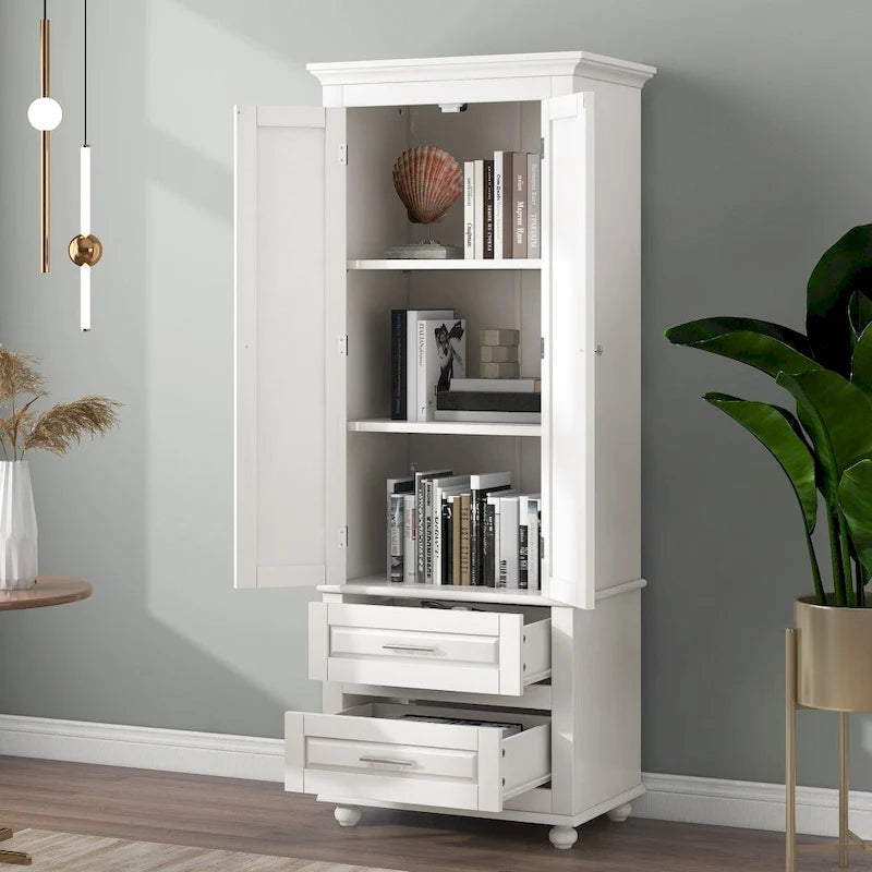 White Linen Cabinet with 3 Drawers and Adjustable Shelf