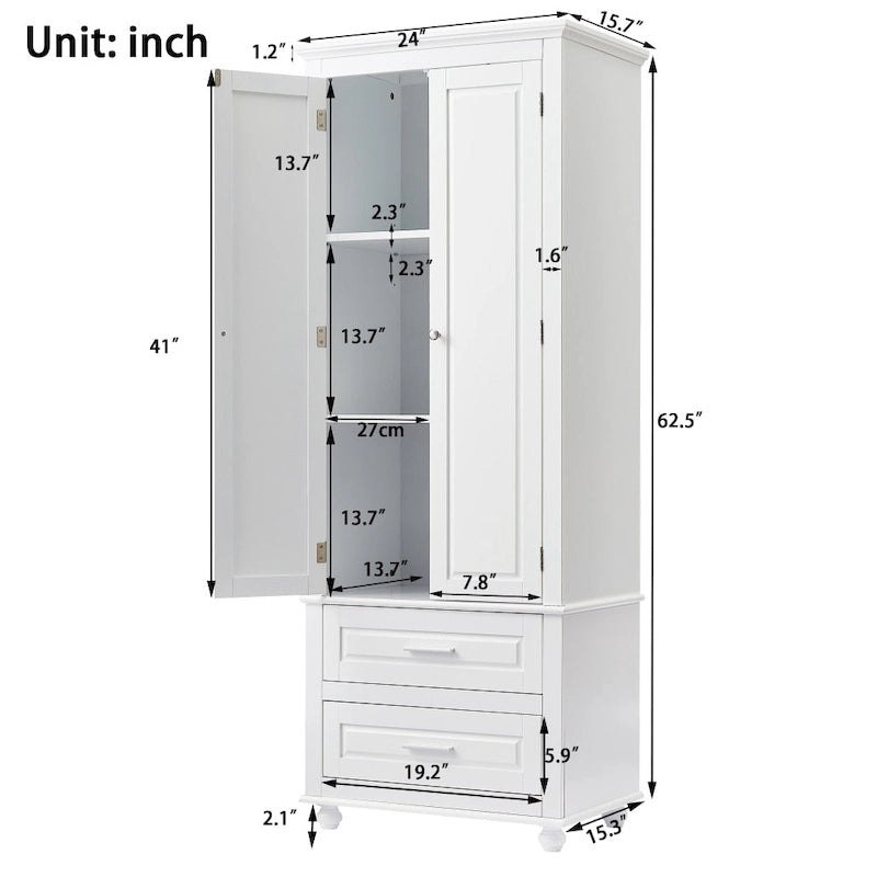 White Linen Cabinet with 3 Drawers and Adjustable Shelf