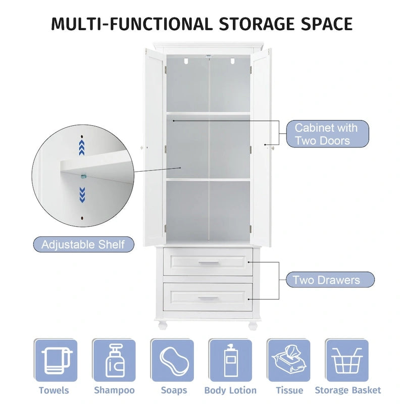 White Linen Cabinet with 3 Drawers and Adjustable Shelf