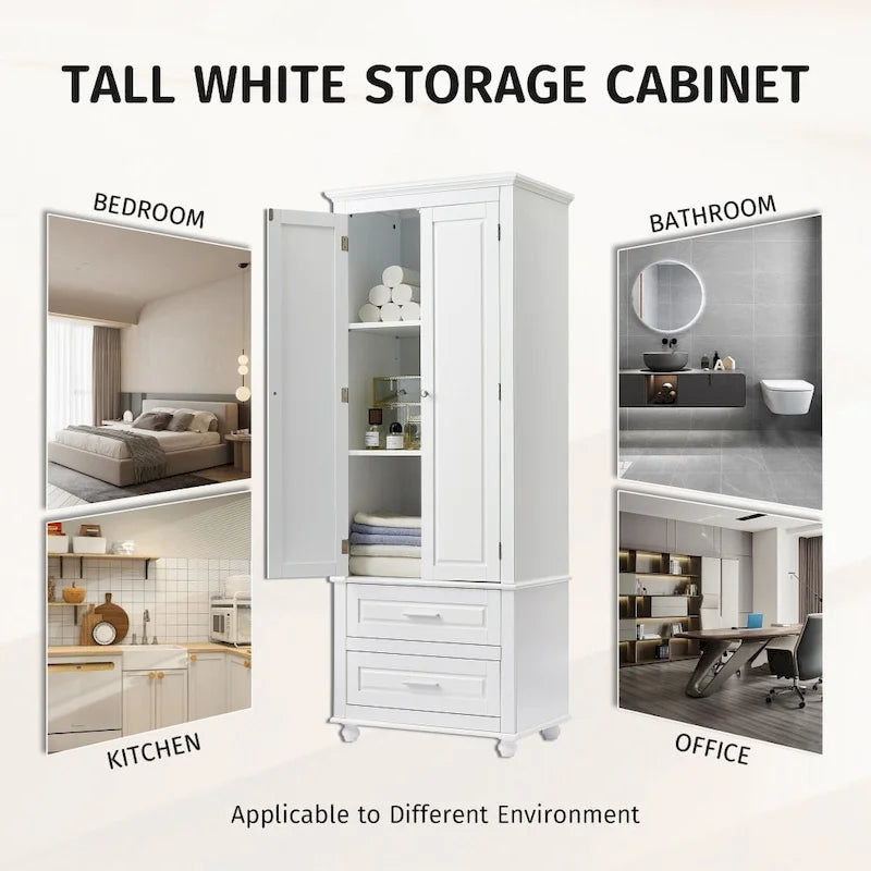 White Linen Cabinet with 3 Drawers and Adjustable Shelf