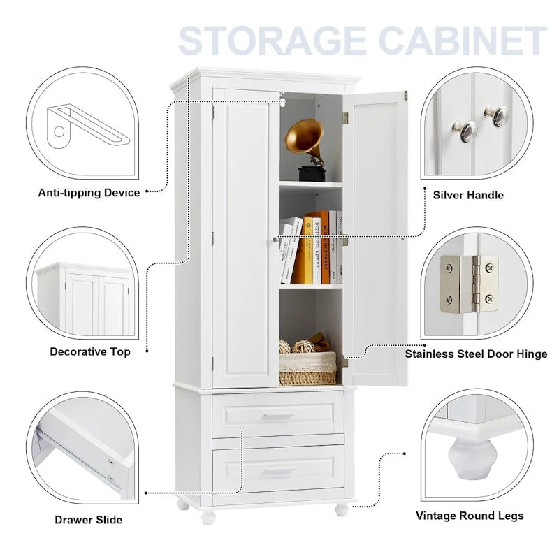 White Linen Cabinet with 3 Drawers and Adjustable Shelf