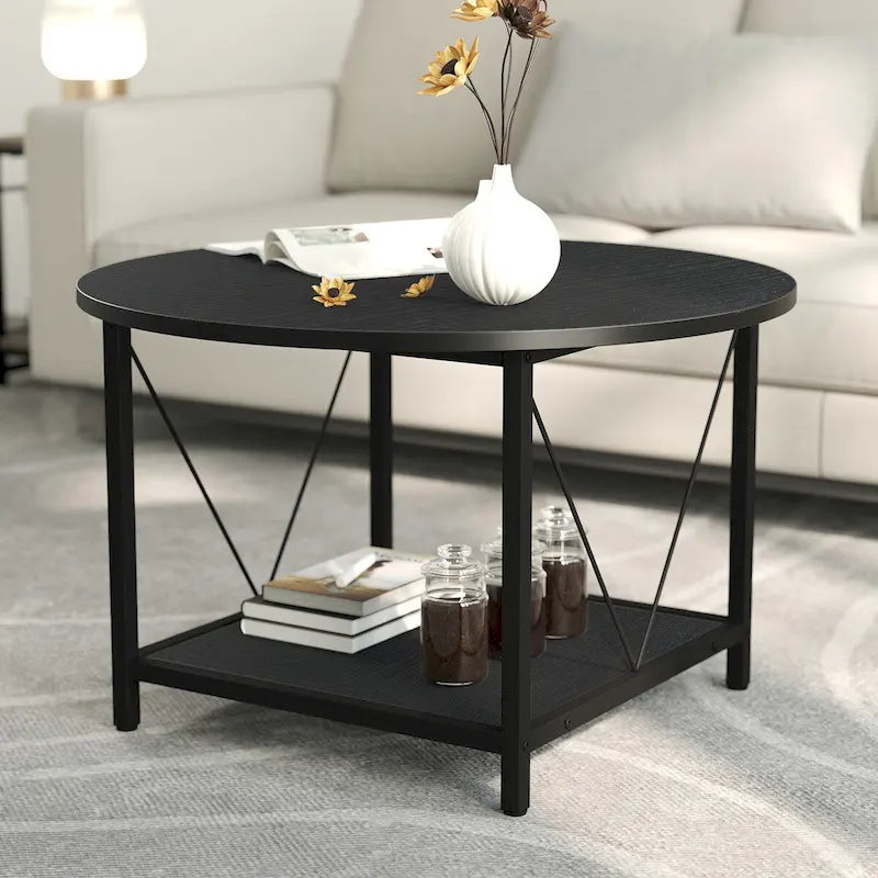 31.5 Farmhouse Round Coffee Table, Rustic 2-Tier Center Table with Storage Open Shelf