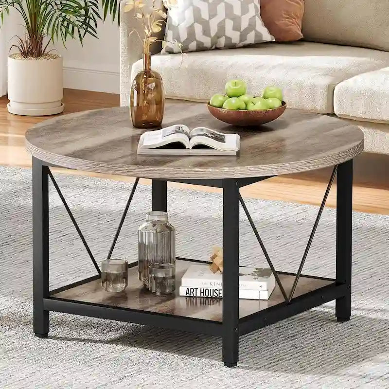 31.5 Farmhouse Round Coffee Table, Rustic 2-Tier Center Table with Storage Open Shelf