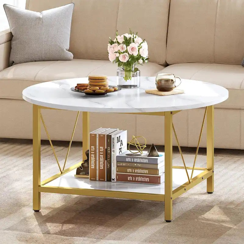 31.5 Farmhouse Round Coffee Table, Rustic 2-Tier Center Table with Storage Open Shelf