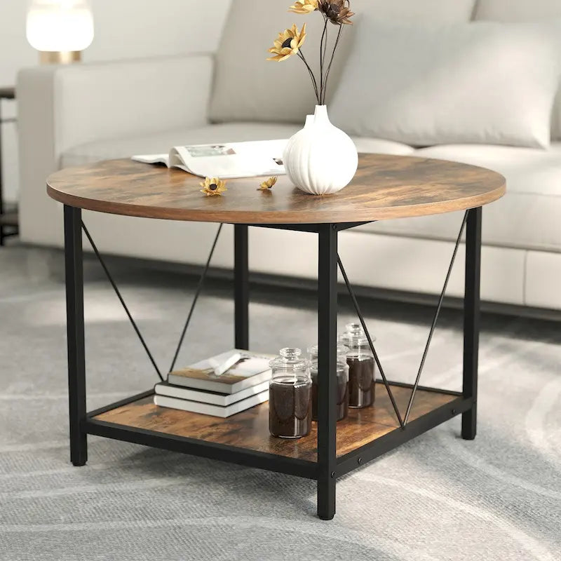 31.5 Farmhouse Round Coffee Table, Rustic 2-Tier Center Table with Storage Open Shelf