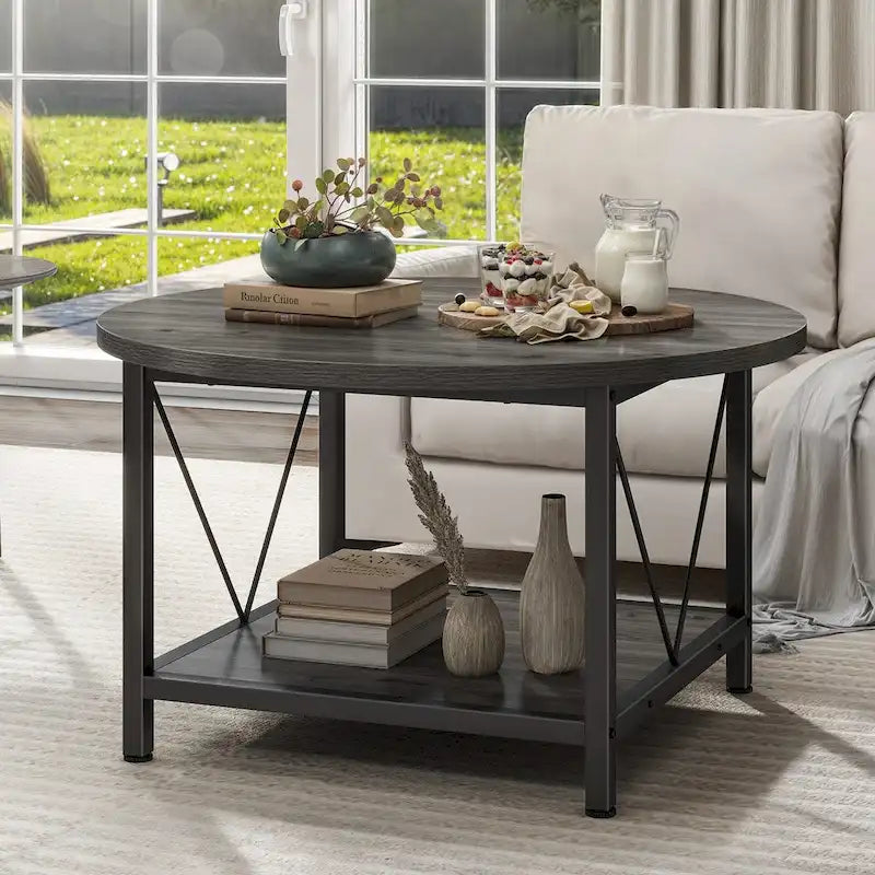31.5 Farmhouse Round Coffee Table, Rustic 2-Tier Center Table with Storage Open Shelf