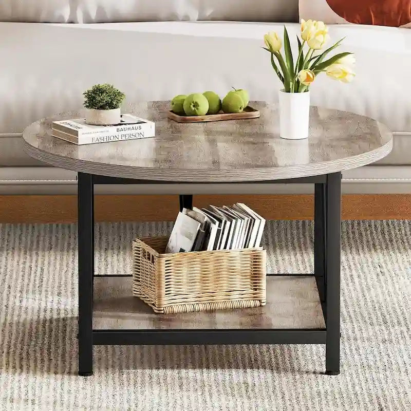 31.5 Farmhouse Round Coffee Table, Rustic 2-Tier Center Table with Storage Open Shelf