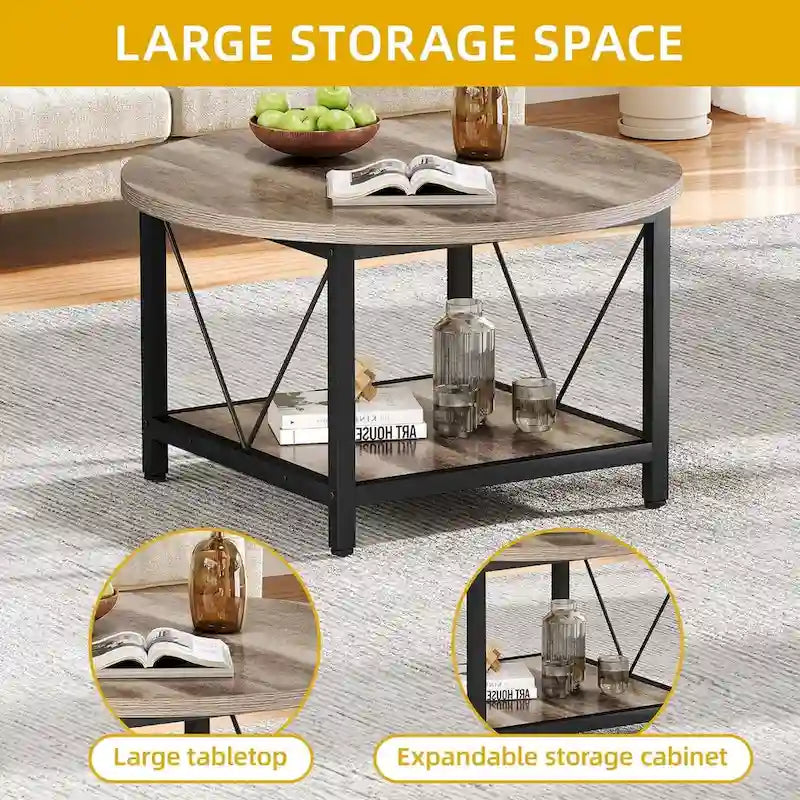 31.5 Farmhouse Round Coffee Table, Rustic 2-Tier Center Table with Storage Open Shelf