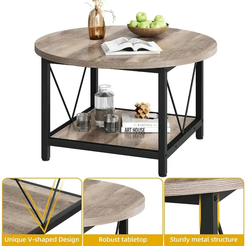 31.5 Farmhouse Round Coffee Table, Rustic 2-Tier Center Table with Storage Open Shelf