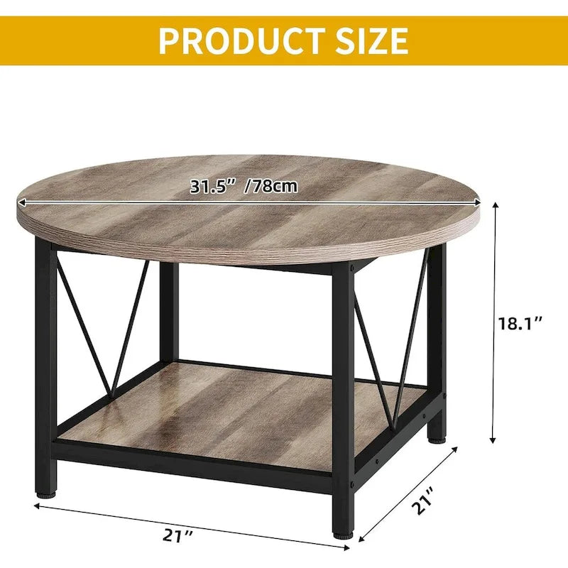 31.5 Farmhouse Round Coffee Table, Rustic 2-Tier Center Table with Storage Open Shelf