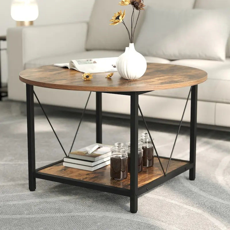 31.5 Farmhouse Round Coffee Table, Rustic 2-Tier Center Table with Storage Open Shelf